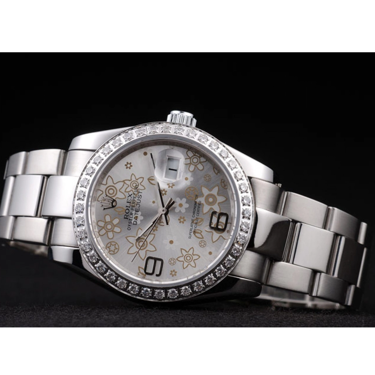 Aaa replica watch Plated Rolex Datejust 98081 Polished Diamond Dial Silver Flowers Steel Stainless 0716